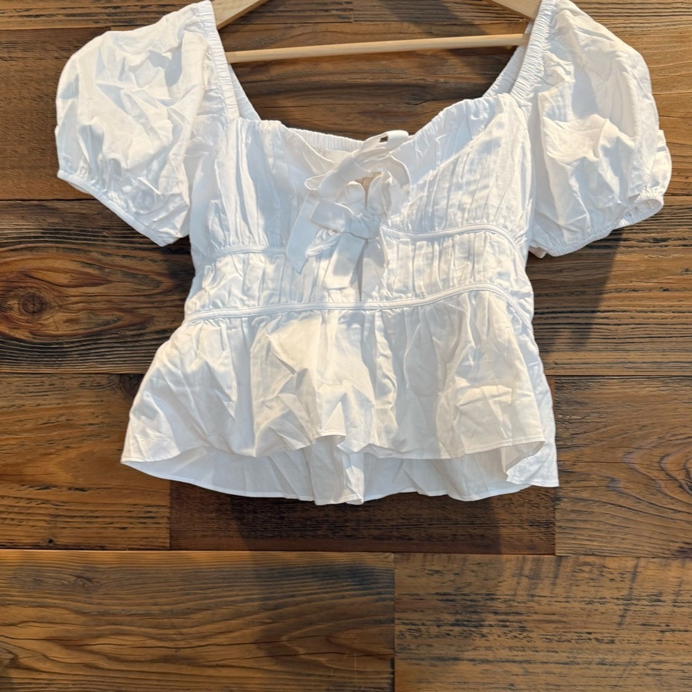 Astr White Peplum Puff Sleeve Tie-Front Blouse - Picture 5 of 8